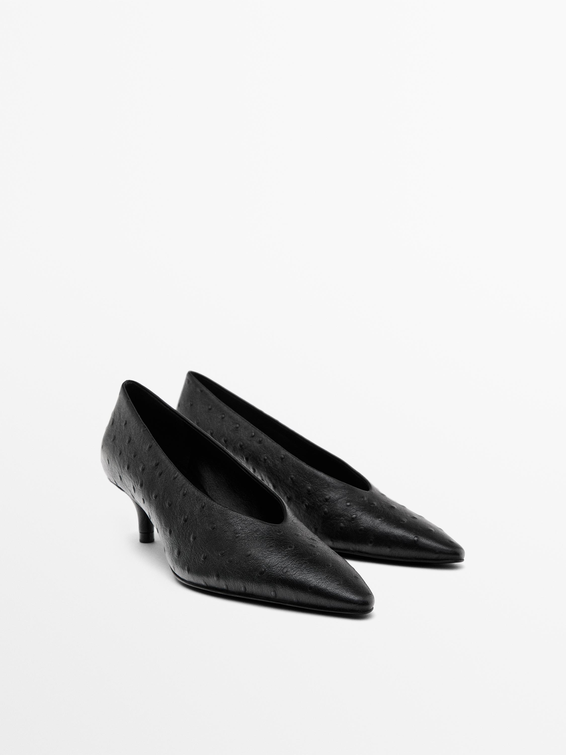 Туфли-Лодочки из кожи с принтом страуса Massimo Dutti, черный — фото 2