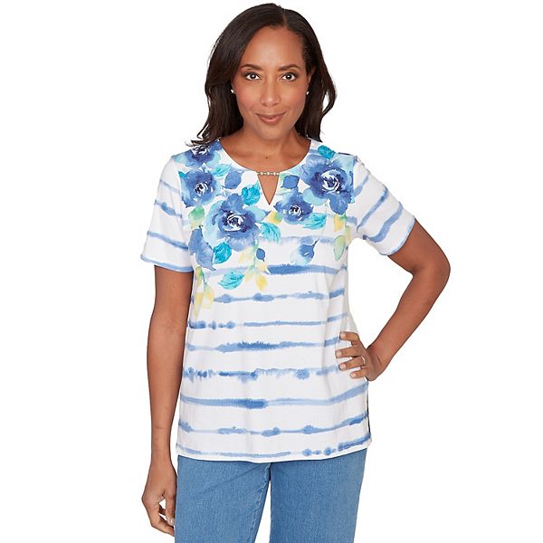 

Женская футболка с V-образным вырезом в полоску и цветочным принтом Alfred Dunner, Красный, Женская футболка с V-образным вырезом в полоску и цветочным принтом Alfred Dunner