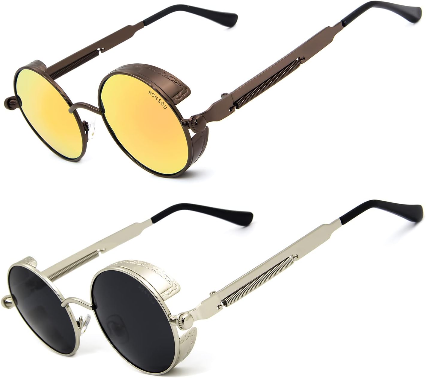 

Солнцезащитные очки RONSOU в стиле стимпанк, круглые, винтажные, поляризованные, ретро, ​​защита UV400, металлическая оправа, B0 2pcs Brown Frame Gold Lens + Silver Frame Grey Lens