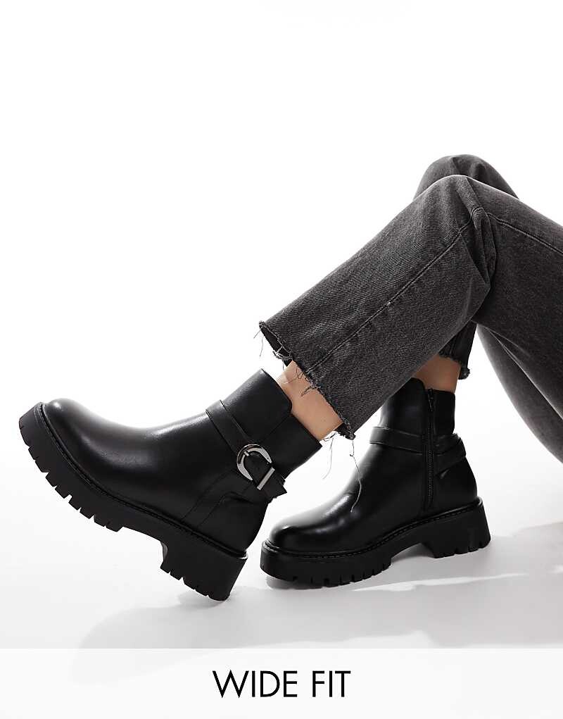 

London Rebel Wide Fit – Billie – Черные ботильоны на толстой подошве и пряжках