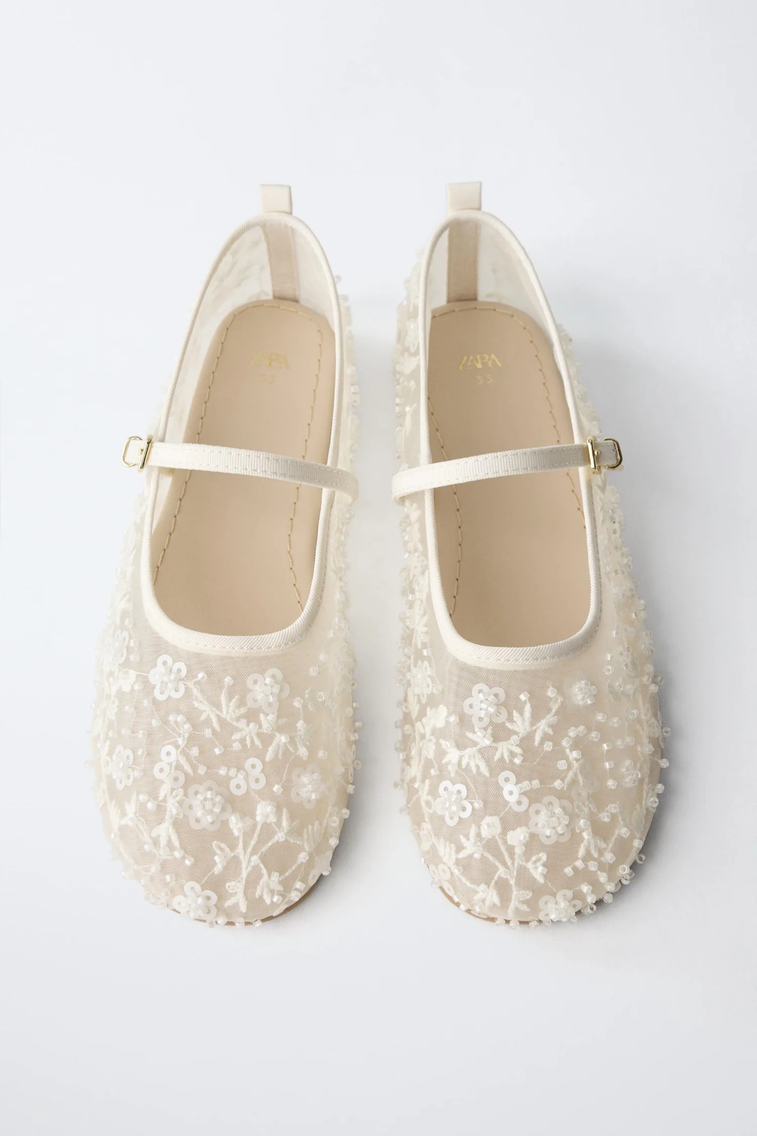Туфли ballerinas with faux pearls Zara, экрю/белый — фото 4