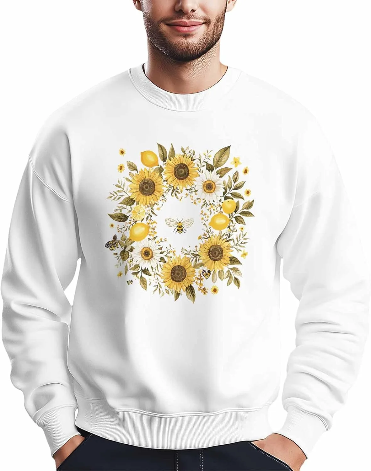 

Мужской свитшот с принтом "Подсолнухи, лимоны, пчелы и цветочный венок", лонгслив Winvebermior