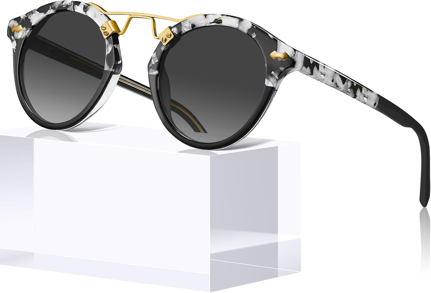 

Солнцезащитные очки CARFIA Small Face Acetate Polarized Sunglasses для женщин с защитой от УФ-излучения, в стиле ретро, ​​с двойной перемычкой и металлическими оправами, круглые, 5. Black White Tortoise Frame Gradient Grey Lens
