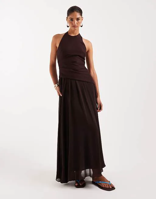 

Шоколадное платье макси без рукавов с шифоновой юбкой из смесового льна Forever New