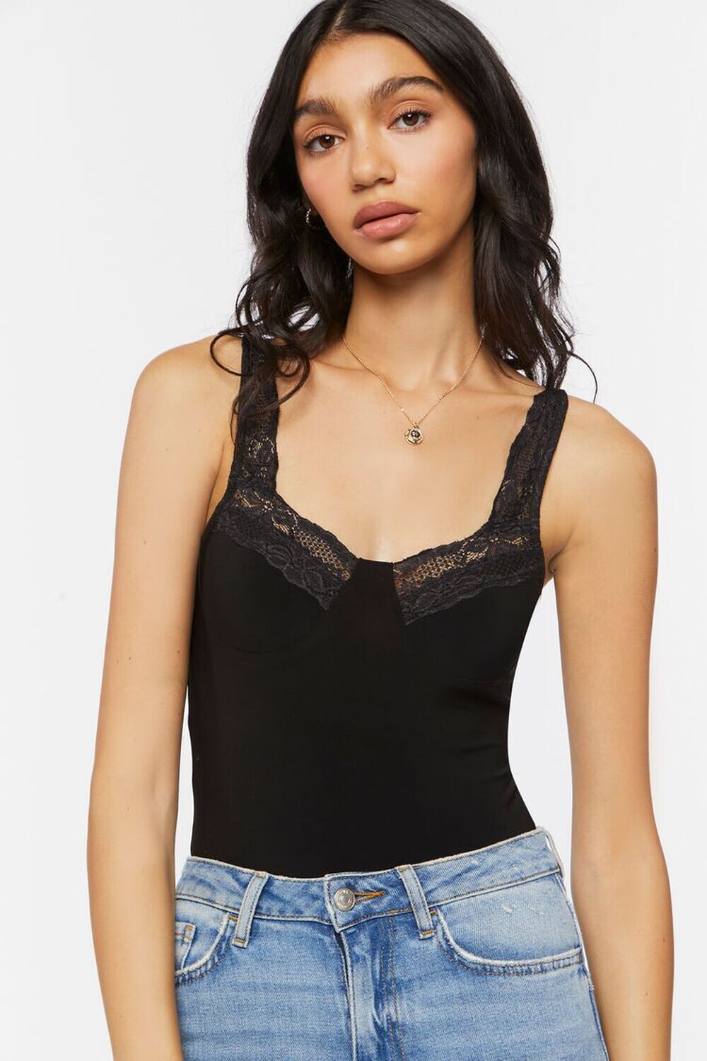 

Боди с цветочной кружевной отделкой Forever 21, черный
