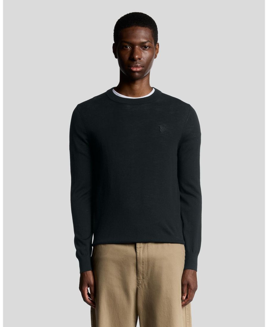 

Мужской свитер с круглым вырезом из мериносовой шерсти с принтом орла в тон ткани Lyle & Scott, Jet black