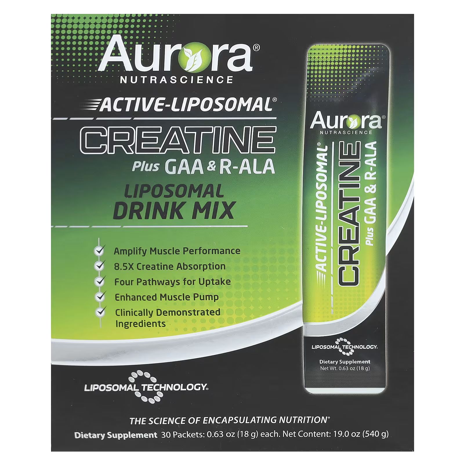 

Active Liposomal, Креатин плюс GAA и R-ALA, 30 пакетов по 0,63 унции (18 г) каждый Aurora Nutrascience