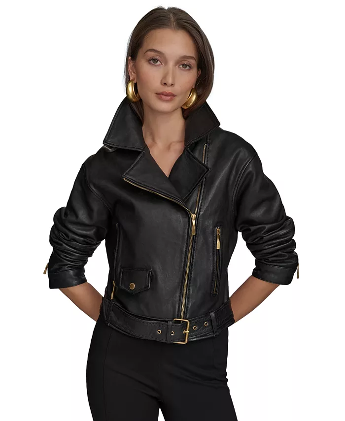 

Женская кожаная куртка-косуха асимметричного кроя Donna Karan New York, черный