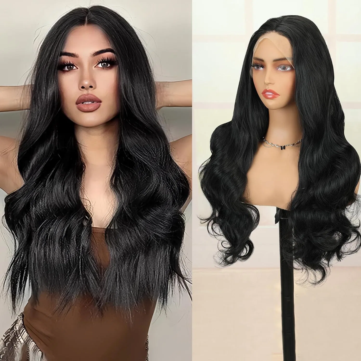 Длинный волнистый черный парик с кружевной передней частью 13x3 Creamily, Black Wavy