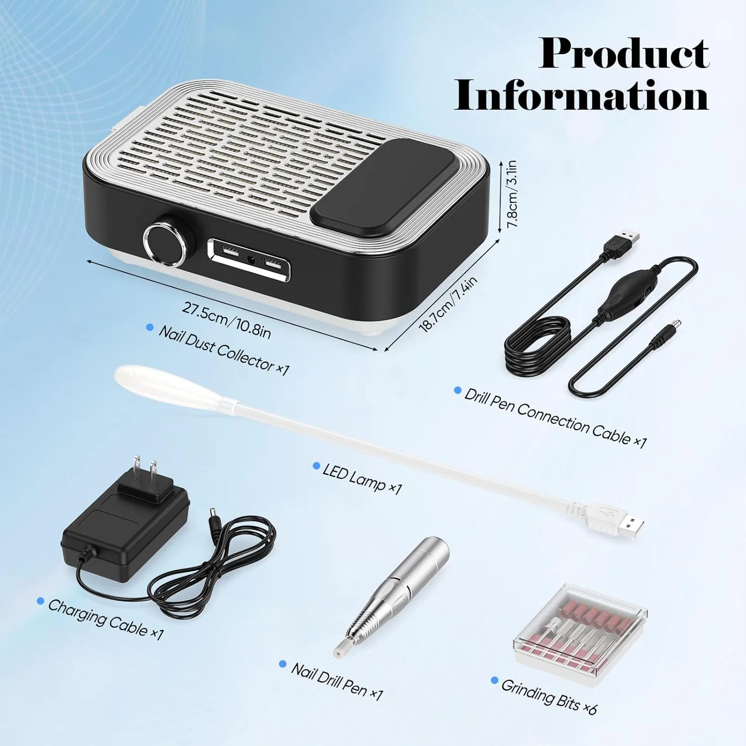 Электрическая пилка для ногтей 4-в-1 с пылесосом, LED-лампой и Power Bank Trsaow — фото 3