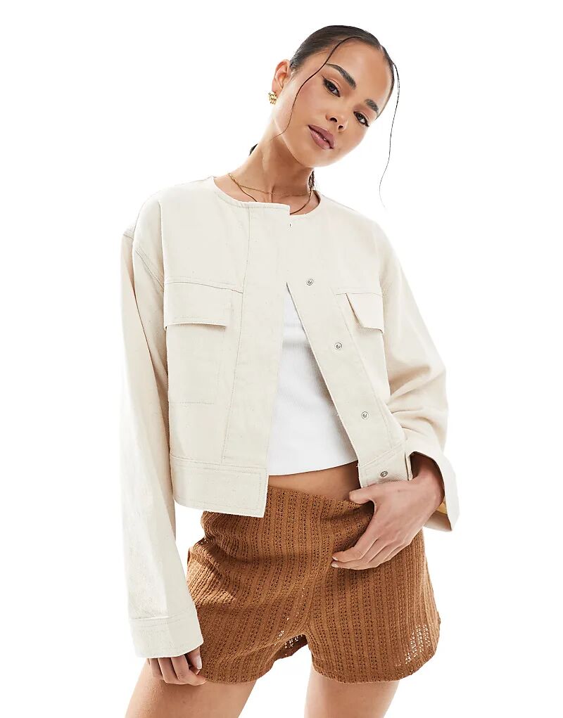 

Куртка без воротника из твила ASOS DESIGN овсяного цвета