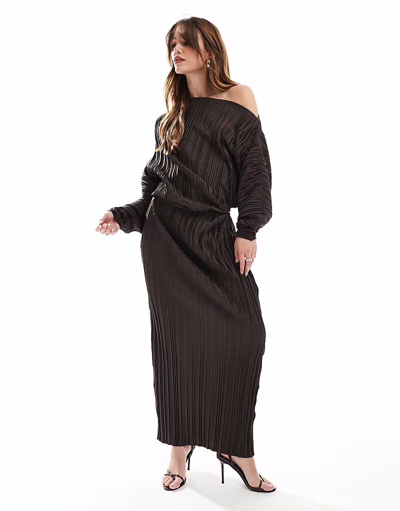 

Платье миди с длинными рукавами и плиссировкой ASOS DESIGN шоколадного цвета