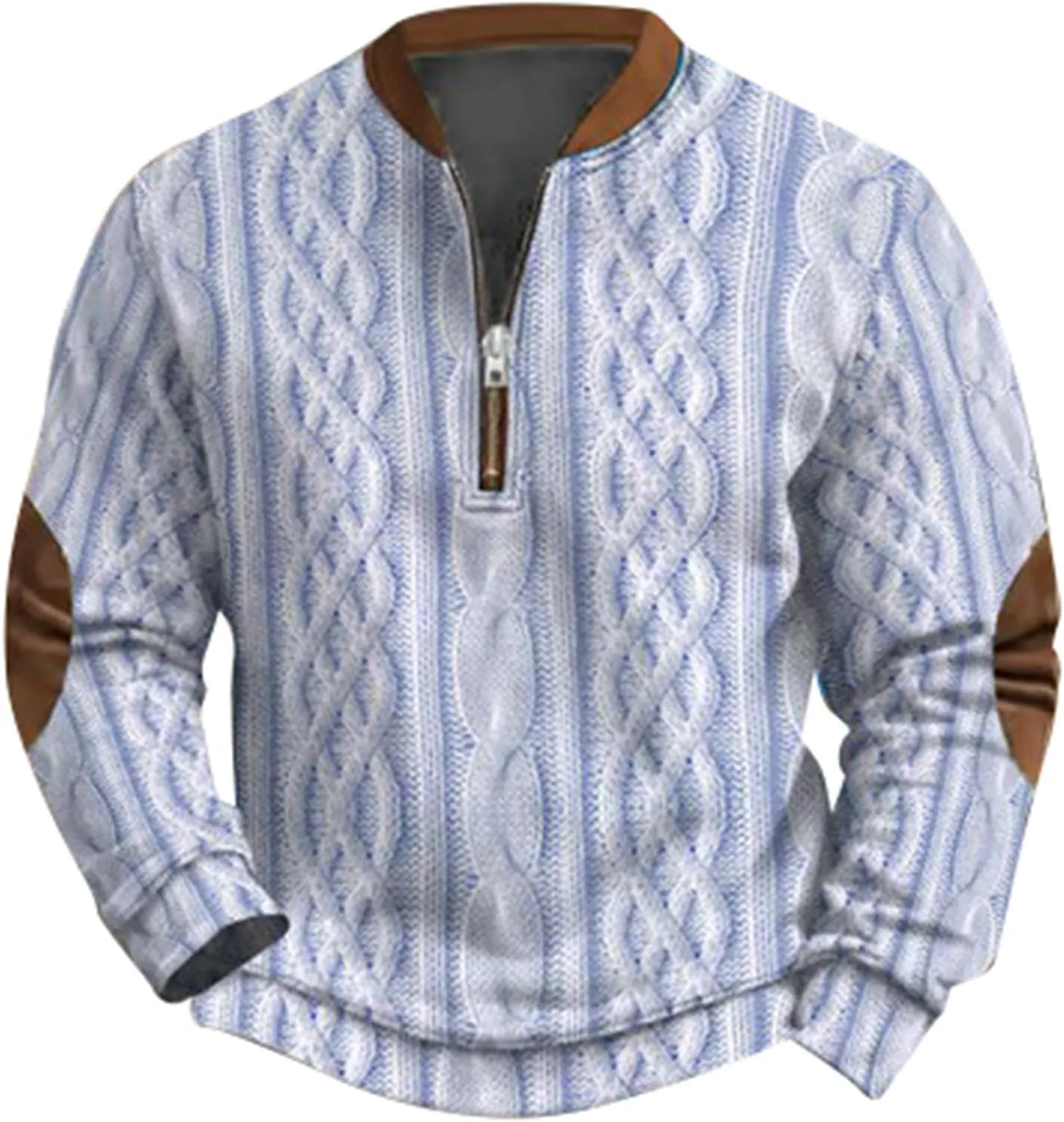 

Мужской свитер с принтом, вязаный, без воротника, на молнии, с длинными рукавами и заплатками на локтях