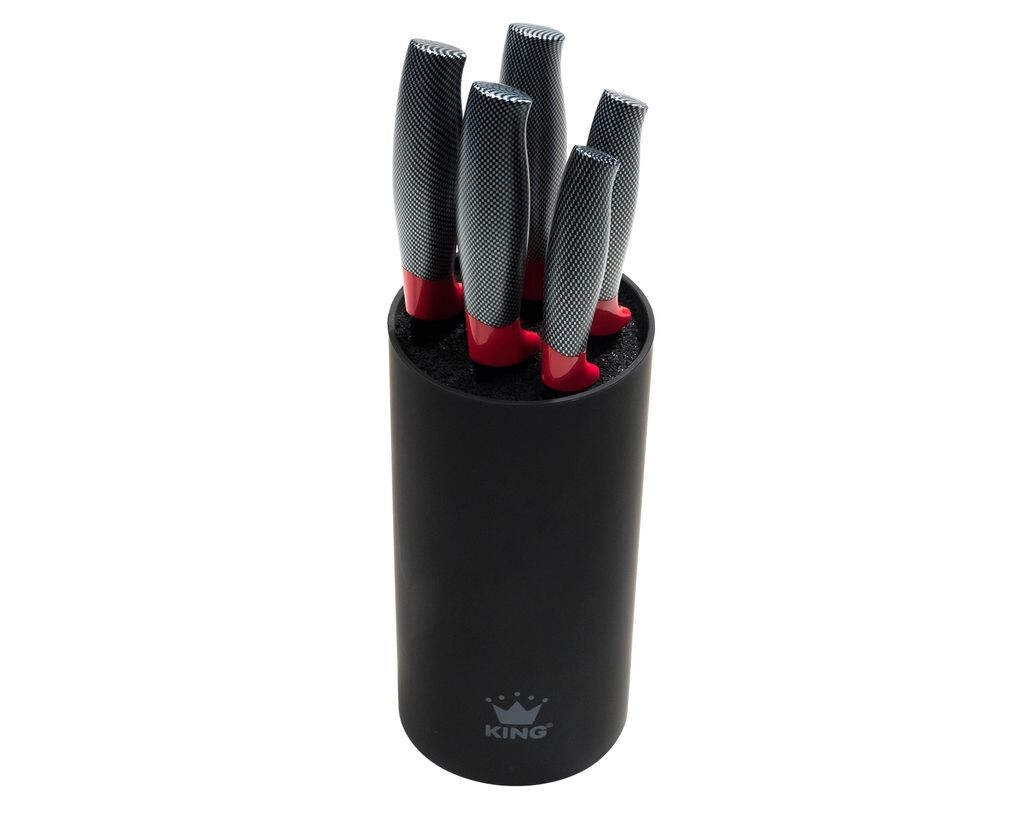 

6 штук Набор блоков ножей KING CARBON RED LINE с лезвиями из нержавеющей стали с рифленой структурой и блоком ножей. Размеры: поварской нож 20 см, нож для обвалки 20 см, нож для хлеба 20 см, универсальный нож 12,5 см и нож для овощей 8,5 см