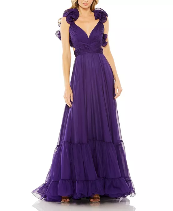 

Платье из шифона с ярусными оборками и вырезами Mac Duggal, фиолетовый