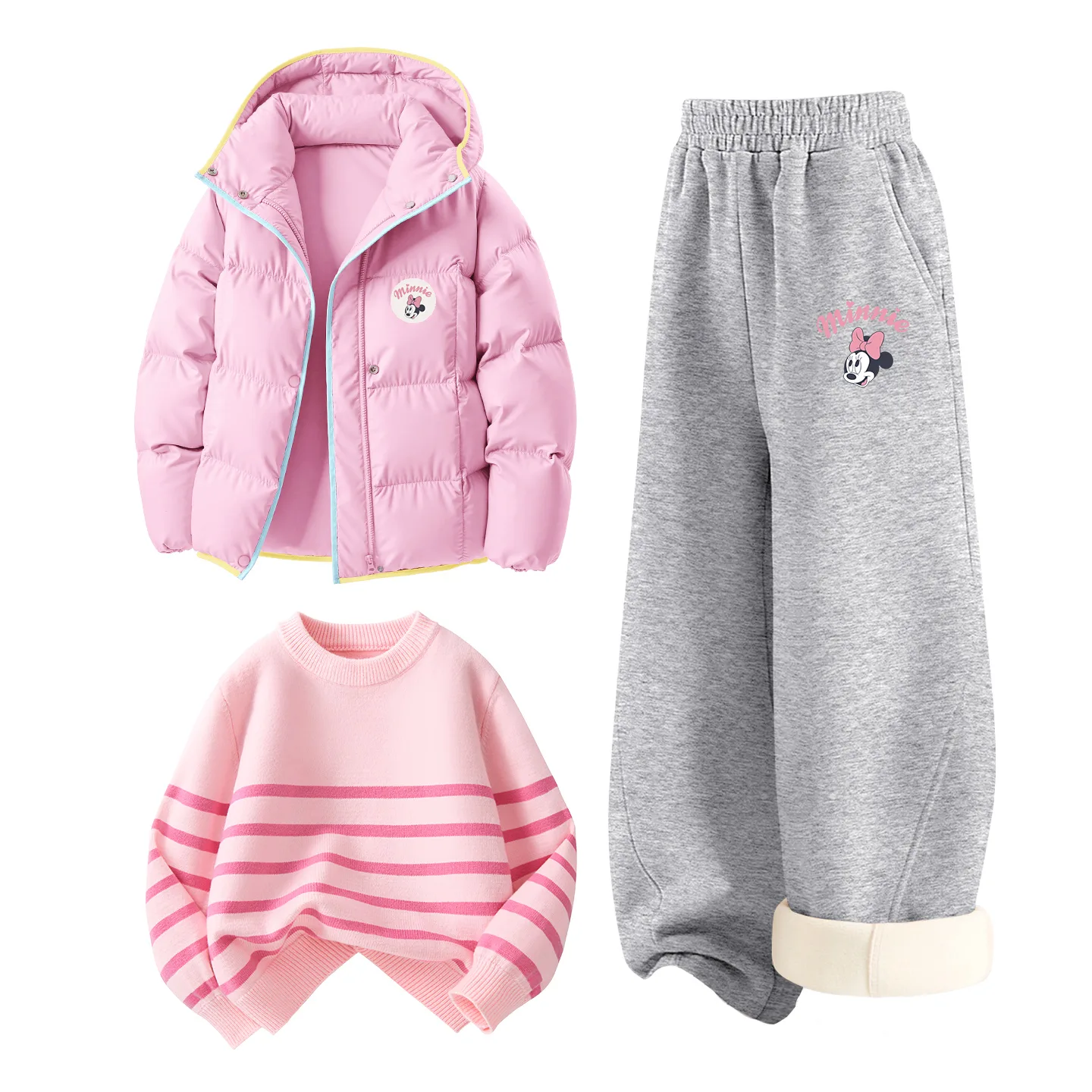 Детский спортивный костюм с круглым вырезом Disney, [Thickened and Fleece-Lined]Dini Round Hook-and-Loop K Honey Powder+Di Lift Eye K Heather Gray+Solid Color Pink