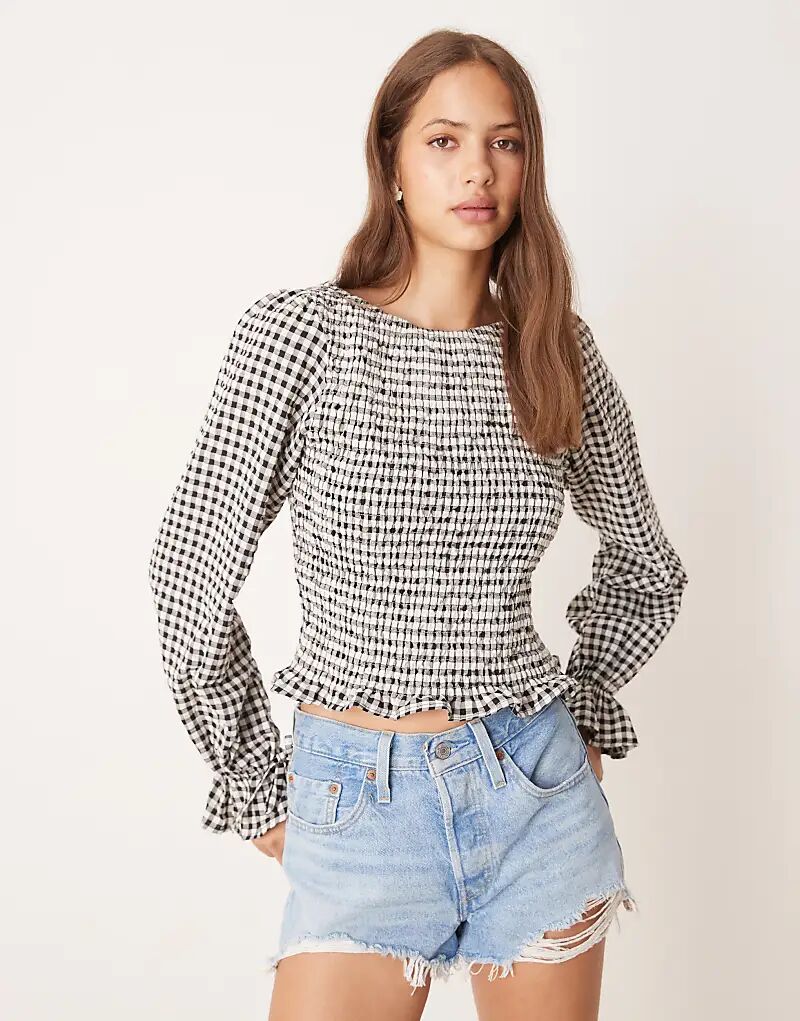 

Хлопковая блузка со сборками ASOS DESIGN в однотонную клетку виши