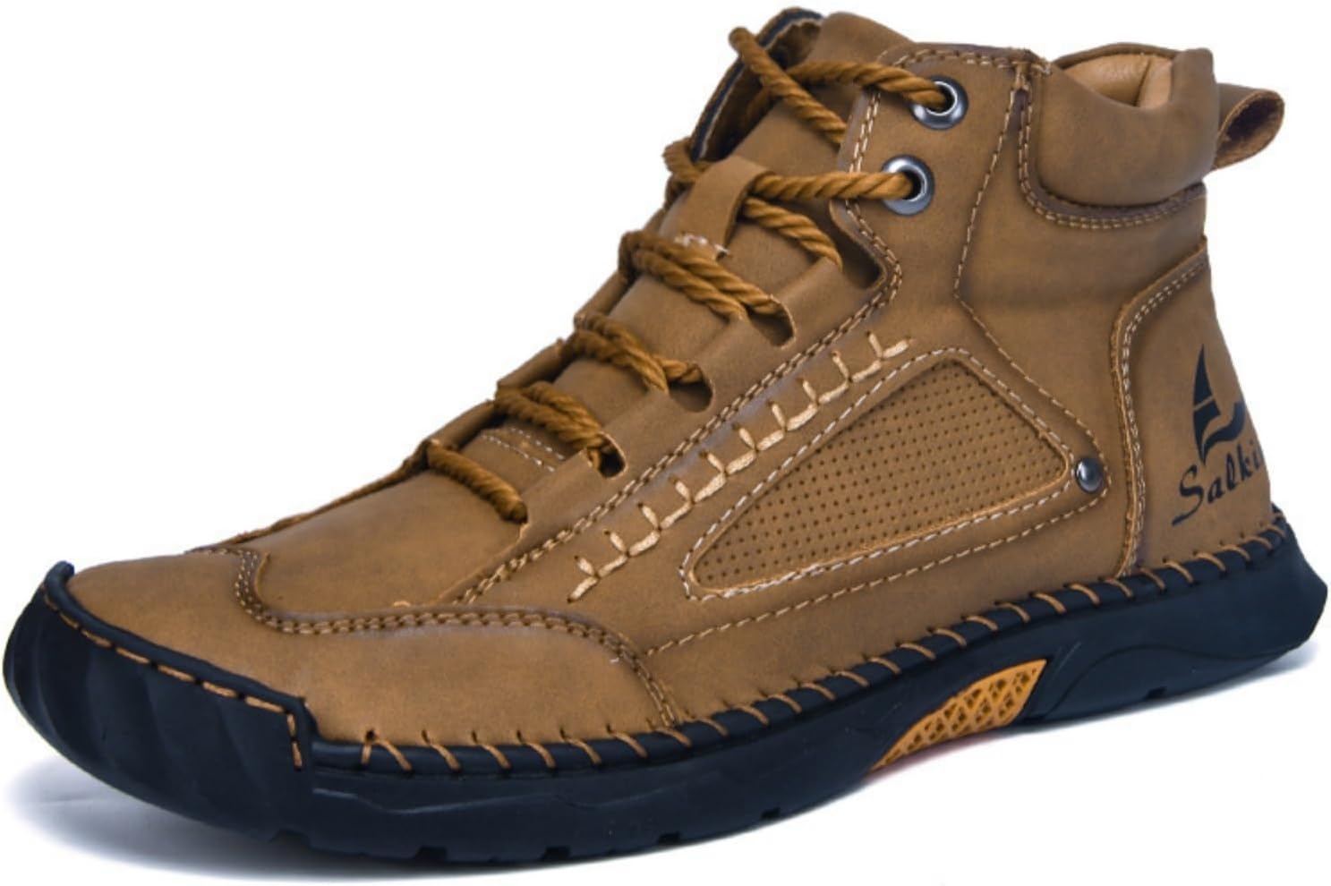 

Мужские кожаные ботинки Baiquwo с ручной строчкой, шнуровкой, плоской подошвой, средним голенищем, легкие, с округлым носком, противоскользящие, повседневные кроссовки для ходьбы, походов, вождения и ежедневной носки, коричневый