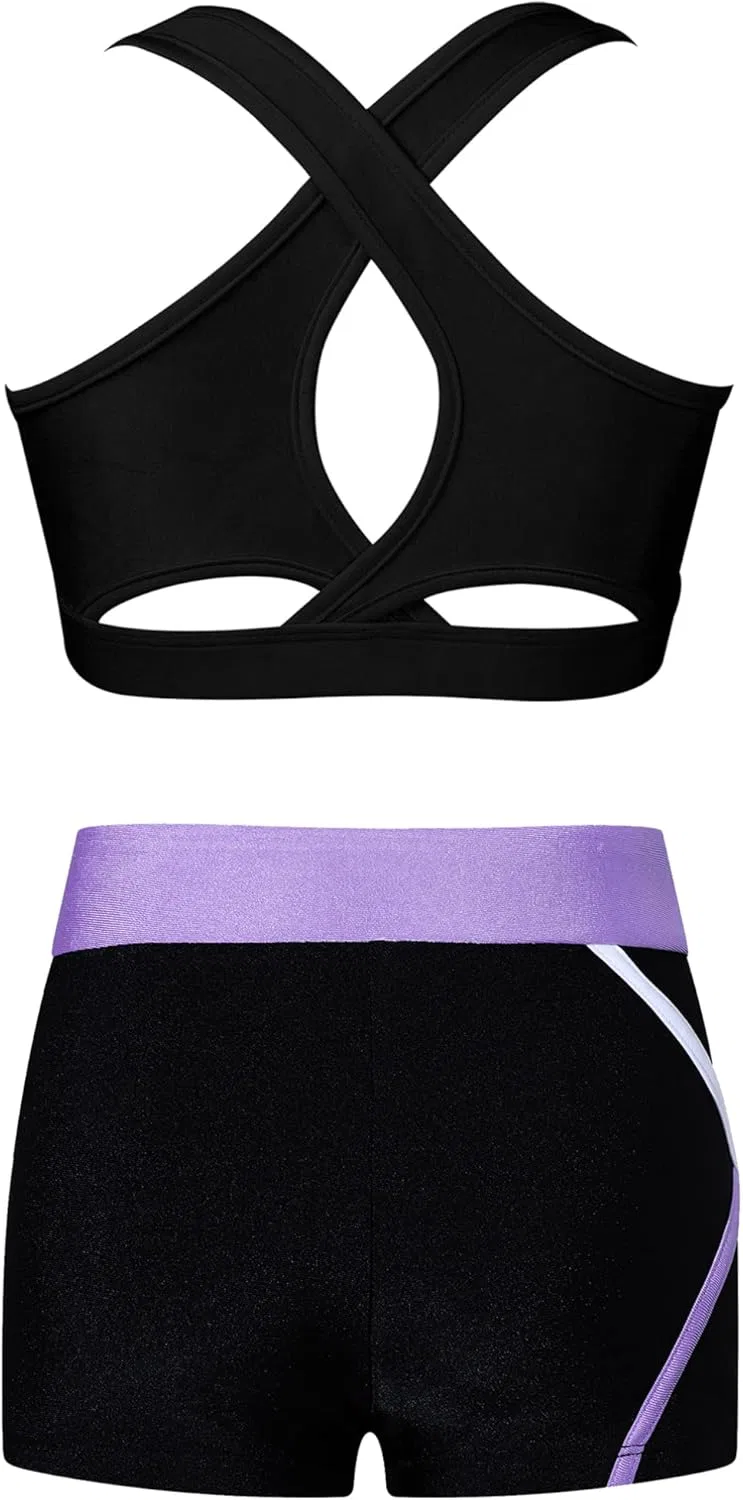 Детский спортивный комплект из топа и шорт, TiaoBug, Black&lavender — фото 2