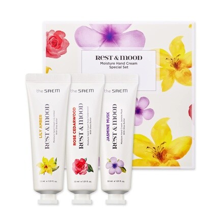 Thesaem Подарочный набор из трех кремов для рук Rest & Mood Moisture - Цветочный крем для рук с мягким ароматом - Масло ши для длительного увлажнения 1,01 унции