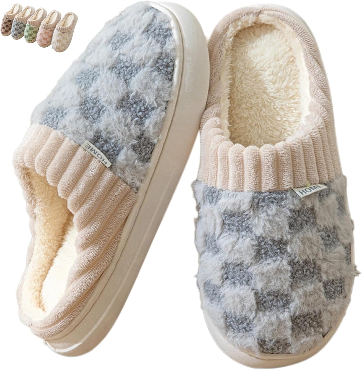 

Iwhgrmp Тапочки в клетку для женщин и мужчин, пушистые зимние уютные плюшевые домашние тапочки с теплой уплотненной подошвой, клетчатые хлопковые домашние туфли, надевать легко, серый