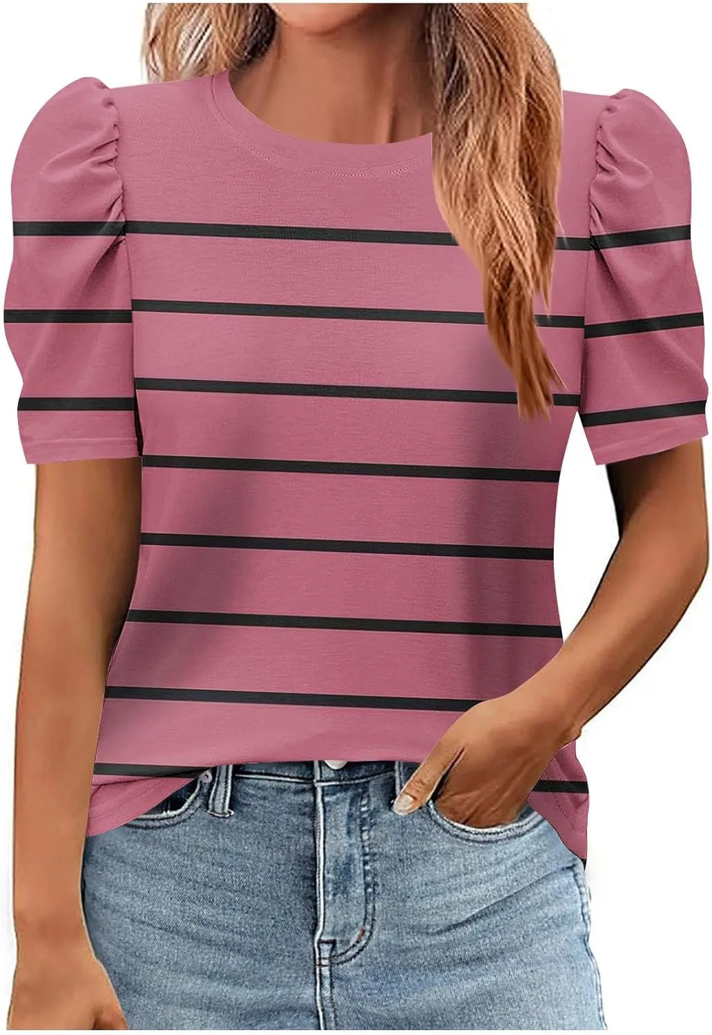 

Женская летняя блузка 2025 с пышными рукавами и полосками Smxrfitk