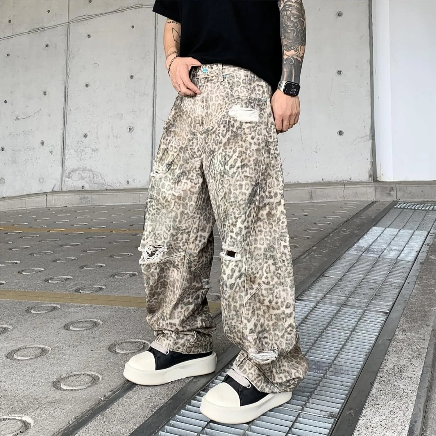 Generic Джинсы Leopard Cheetah Print Bucket в стиле Y2K, широкие, свободные, boyfriend, средней посадки, состаренный деним для женщин и мужчин — фото 3
