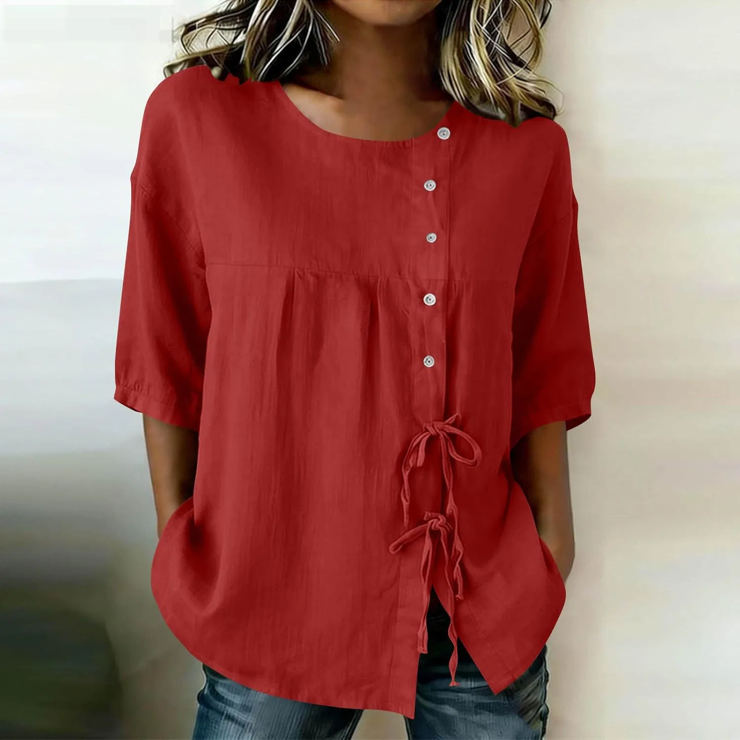 Женская блуза с коротким рукавом 3/4, Cotton Linen, завязка бантом, свободный крой, Red — фото 2