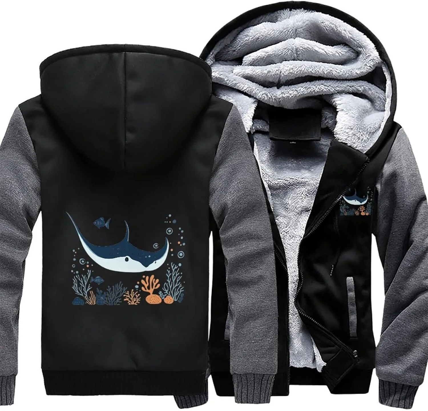 Generic Толстовка Manta Ray Corals Ocean Fish Warm с капюшоном, утепленная флисовая куртка с карманами — фото 3