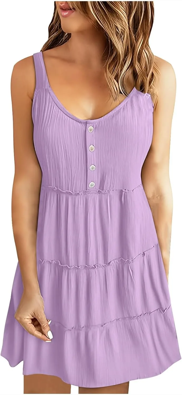 Платье-майка без рукавов для женщин, лето 2024, мини-платье с V-образным вырезом и ярусным кроем, расклешенное, однотонное, летнее платье, повседневное весеннее платье Generic, фиолетовый