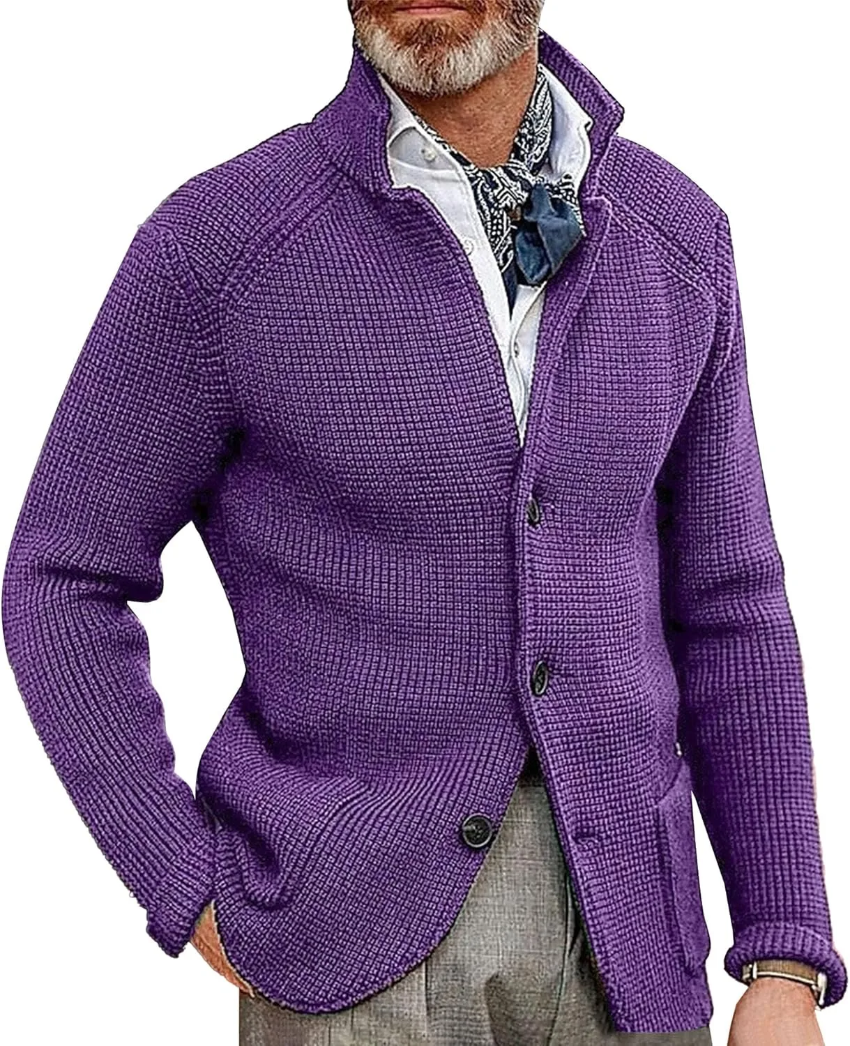 

Мужской кардиган с воротником стойкой slim fit с косой вязкой Maiyifu-GJ