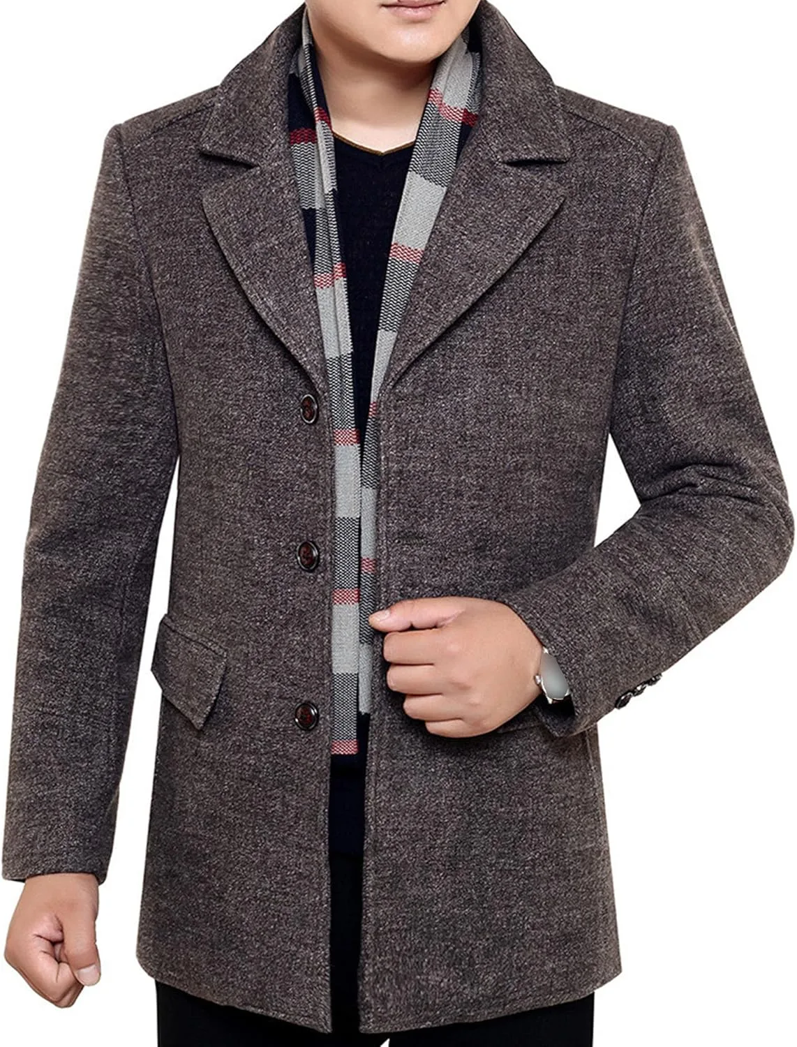 Мужское однобортное пальто pea coat из шерстяной смеси для зимы и бизнеса с отложным воротником, классическое длинное тренч Generic, кофейный — фото 2