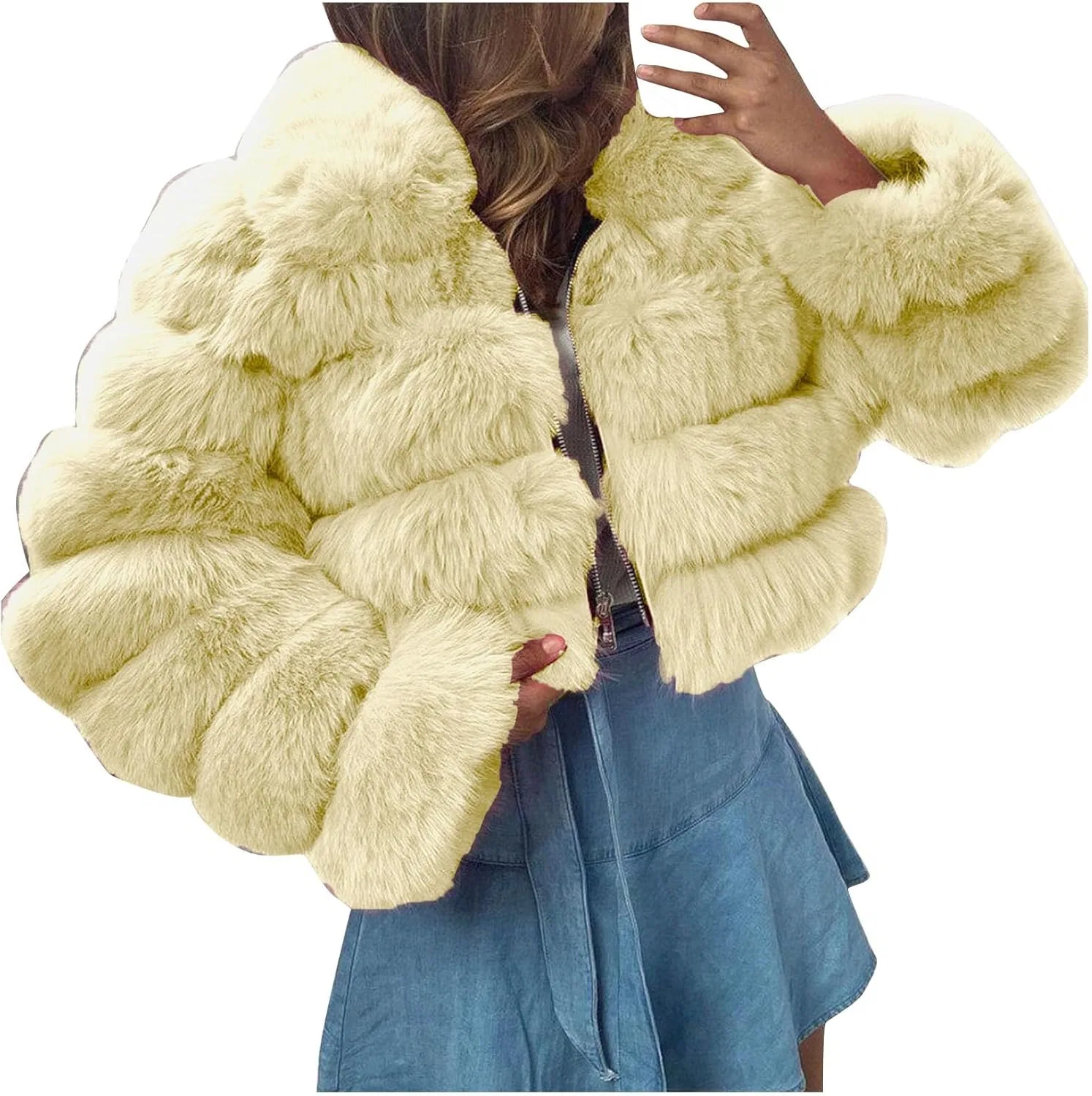 Куртка из искусственного меха, укороченная, женская, Beige