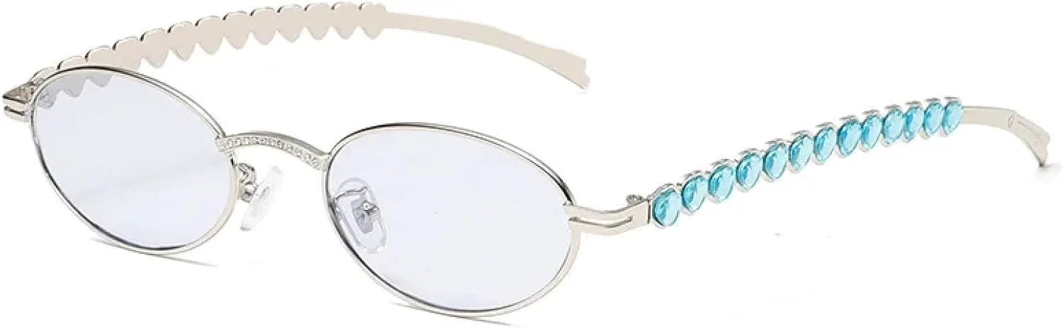 

Модные солнцезащитные очки для женщин и мужчин, серебристые овальные, с защитой от синего света, с маленькими стразами, металлическая оправа TYUVIVO, Silvery Blue