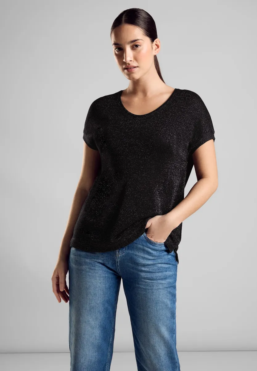 

Вязаный топ STREET ONE "LTD QR V-Neck блестящая рубашка" с глубоким круглым вырезом, черный