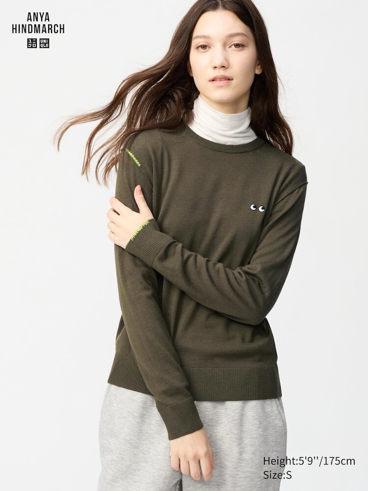 

Джемпер с круглым вырезом из шерсти мериноса Uniqlo, цвет 57 зеленый