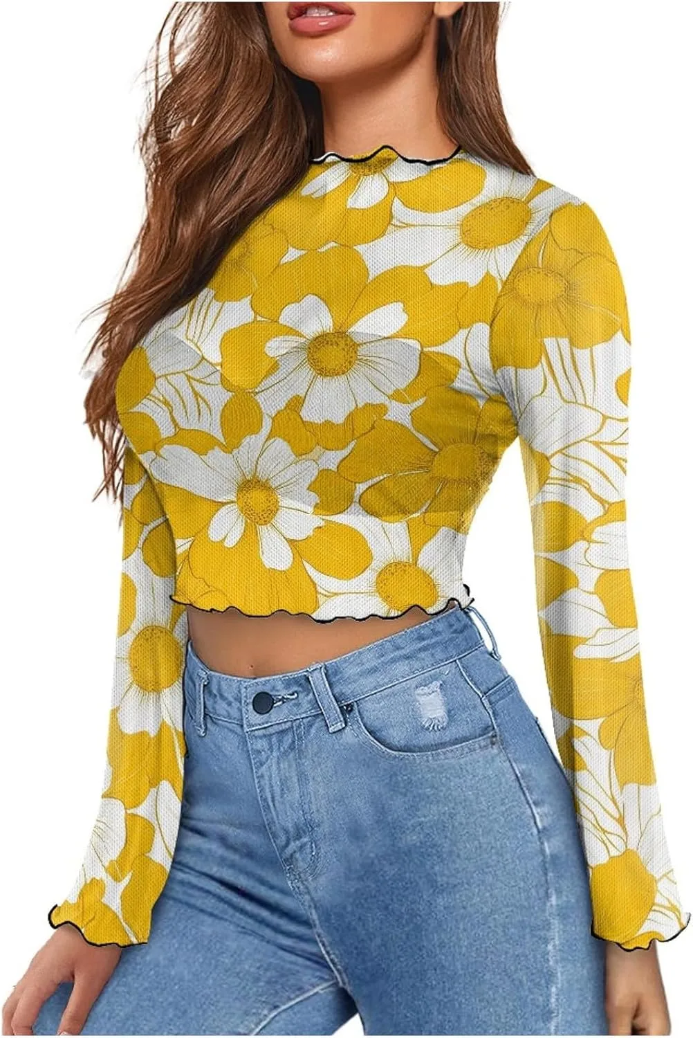 

Женский топ Sheer Mesh с цветочным кружевом и воротником Mock Neck Uillui