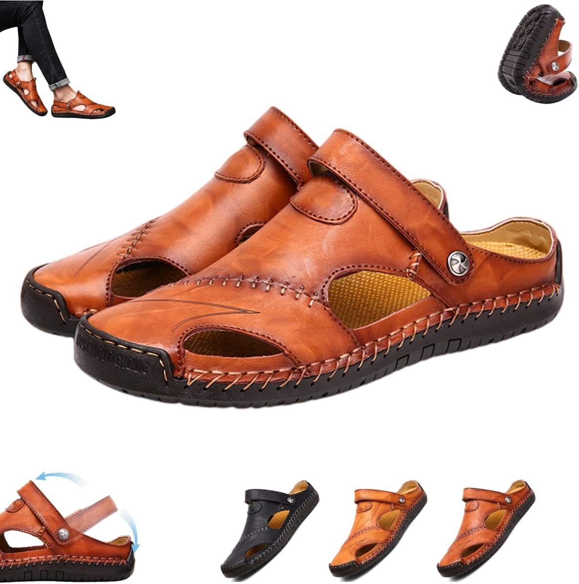 

Сандалии Zhongle Mutlon, мужские повседневные с закрытым носком, кожаные ручной работы, повседневные сандалии Mutlon с закрытым носком для мужчин, коричневый