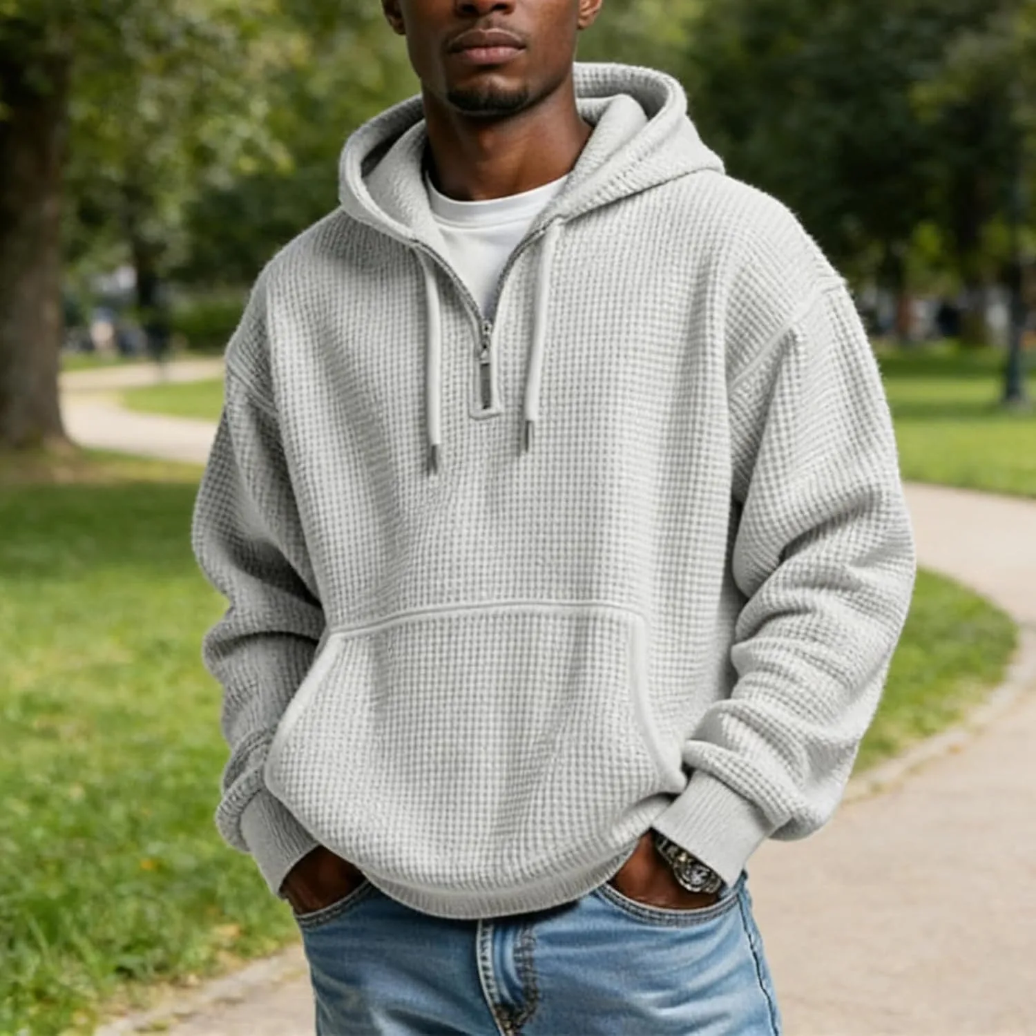 Мужская худи с принтом Quarter Zip Waffle Knit, свободный крой — фото 3