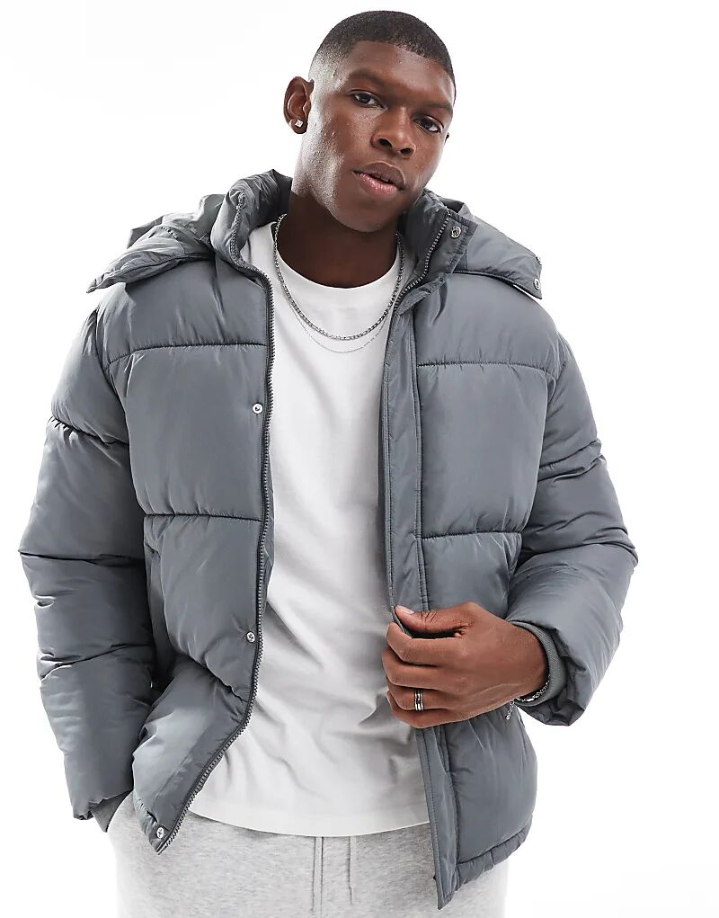 

Пуховик со съемным капюшоном серого цвета ASOS DESIGN