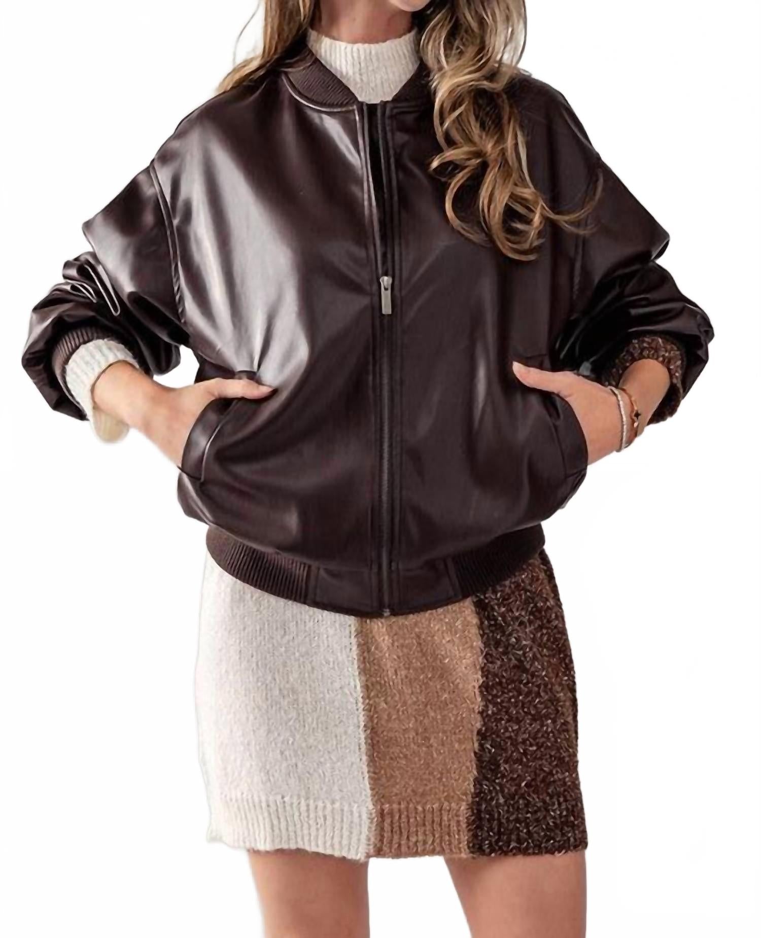 

Свободная кожаная куртка-бомбер на молнии коричневого цвета Double Zero, коричневый