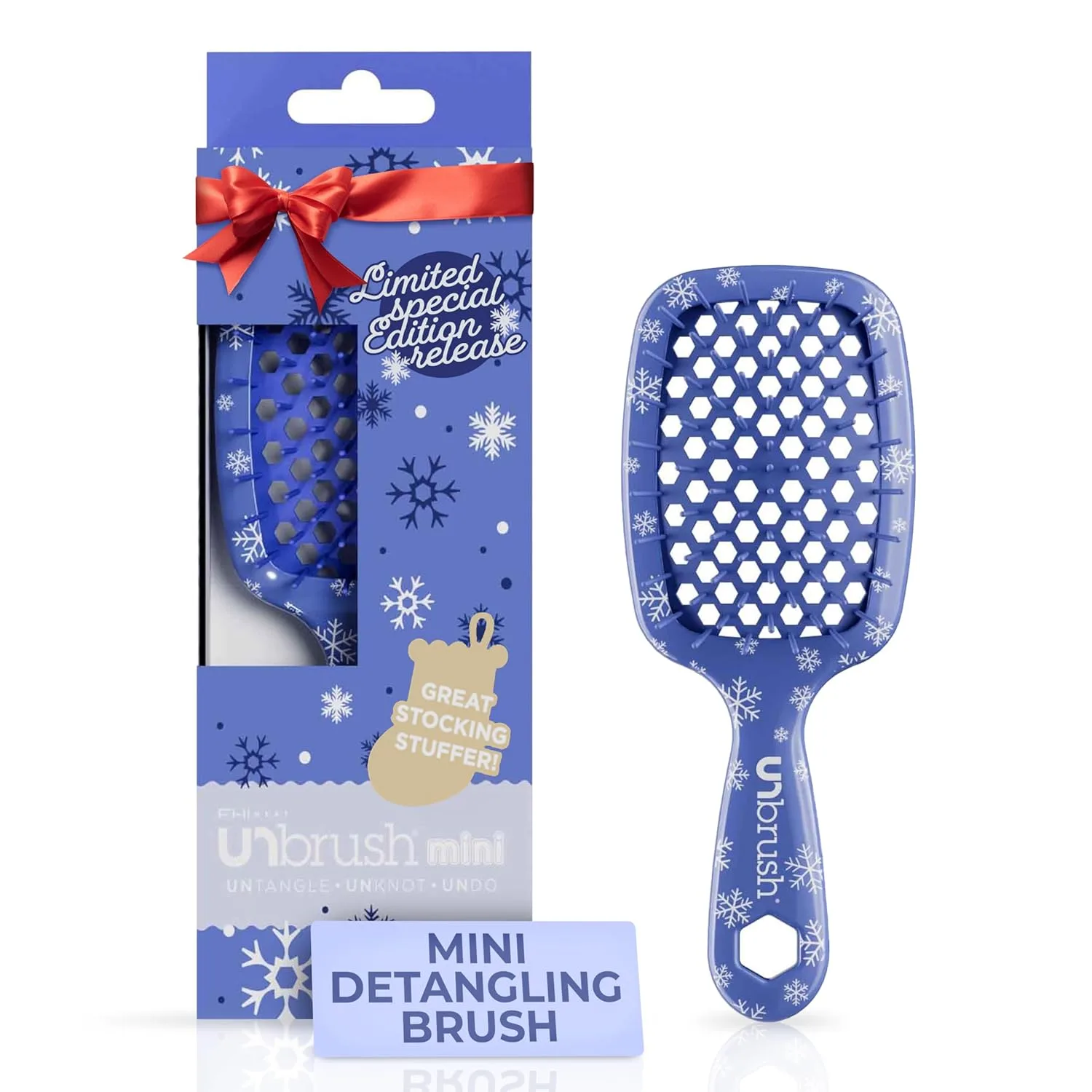 Мини-щетка для волос UNbrush Mini Holiday Hair Brush для безболезненного расчесывания всех типов влажных и сухих волос. Fhi Heat, Frosty Blue - Snowflakes