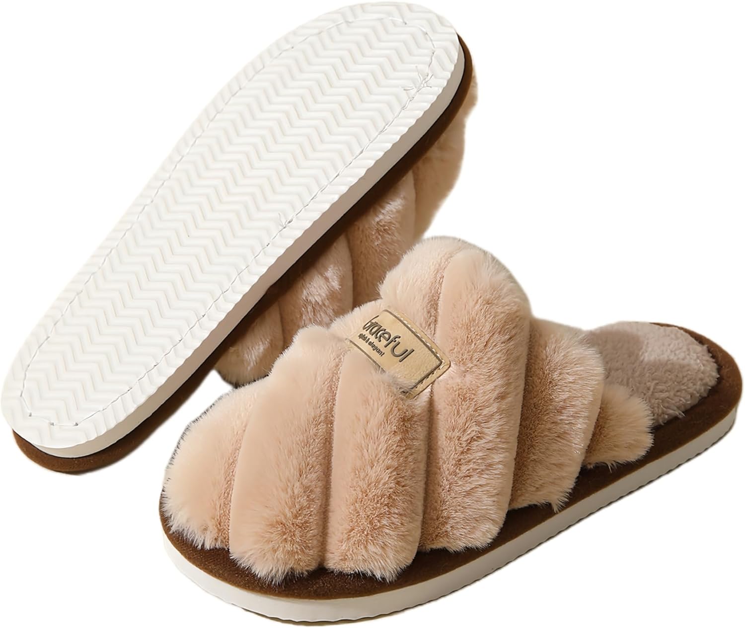 

Удобные мягкие плюшевые тапочки для женщин и мужчин с нескользящей подошвой и перекрестным ремешком для дома и повседневного ношения круглый год Jaewomo, хаки