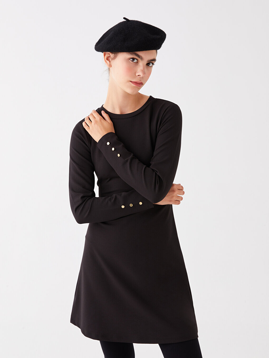 

Прямое женское платье с круглым вырезом и длинными рукавами LCW Casual, новый черный