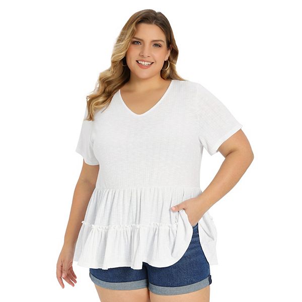 

Блуза женская Plus size с V-образным вырезом, коротким рукавом и плиссированными ярусами Grace & Grandeur, White