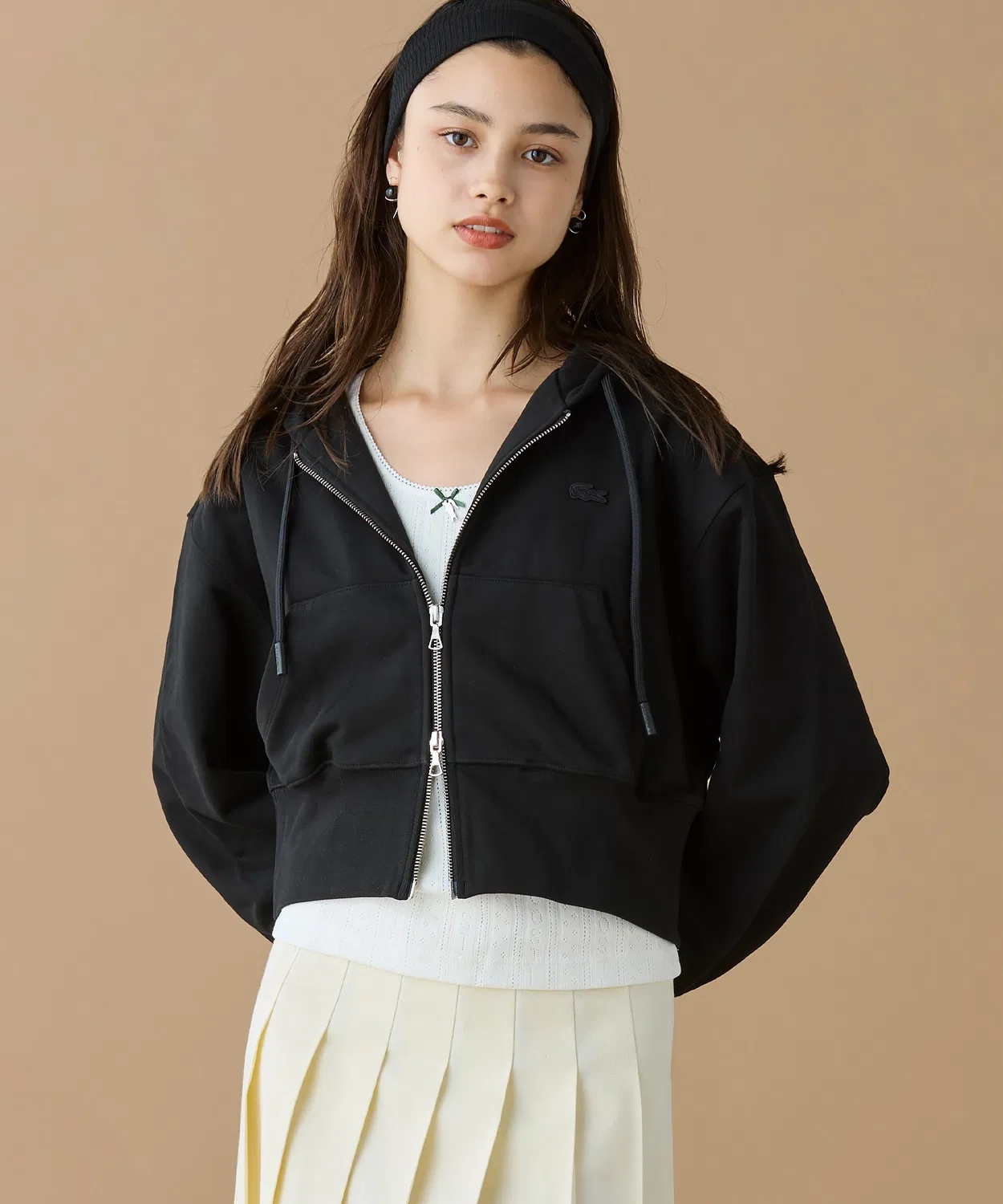 Толстовка Lacoste Укороченная на молнии, Оверсайз, Офф-вайт — фото 3