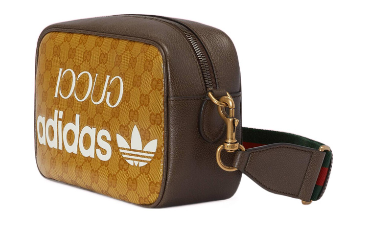Adidas Collaboration Сумка через плечо маленького размера для мужчин из холста с кожаными деталями камера коричневый желтый GUCCI — фото 2