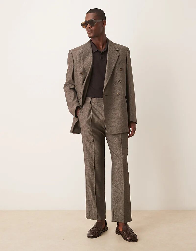 

Прямые шерстяные брюки ASOS DESIGN коричневого цвета с узором «ёлочка»