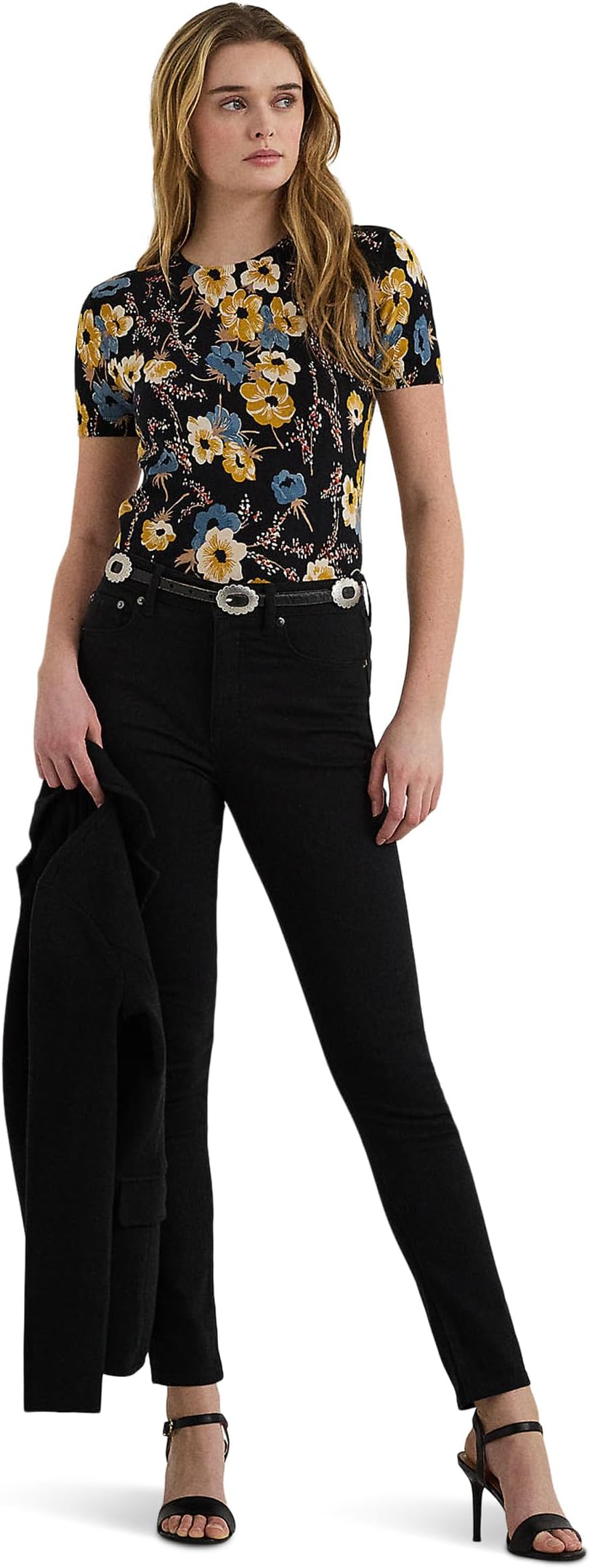 

Женский миниатюрный свитер с короткими рукавами из хлопковой смеси с цветочным рисунком Lauren Ralph Lauren, Black Multi