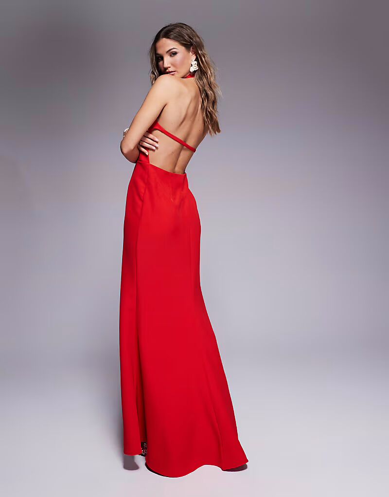 

Платье макси с вырезом халтер и рыбьим хвостом красного цвета Jarlo
